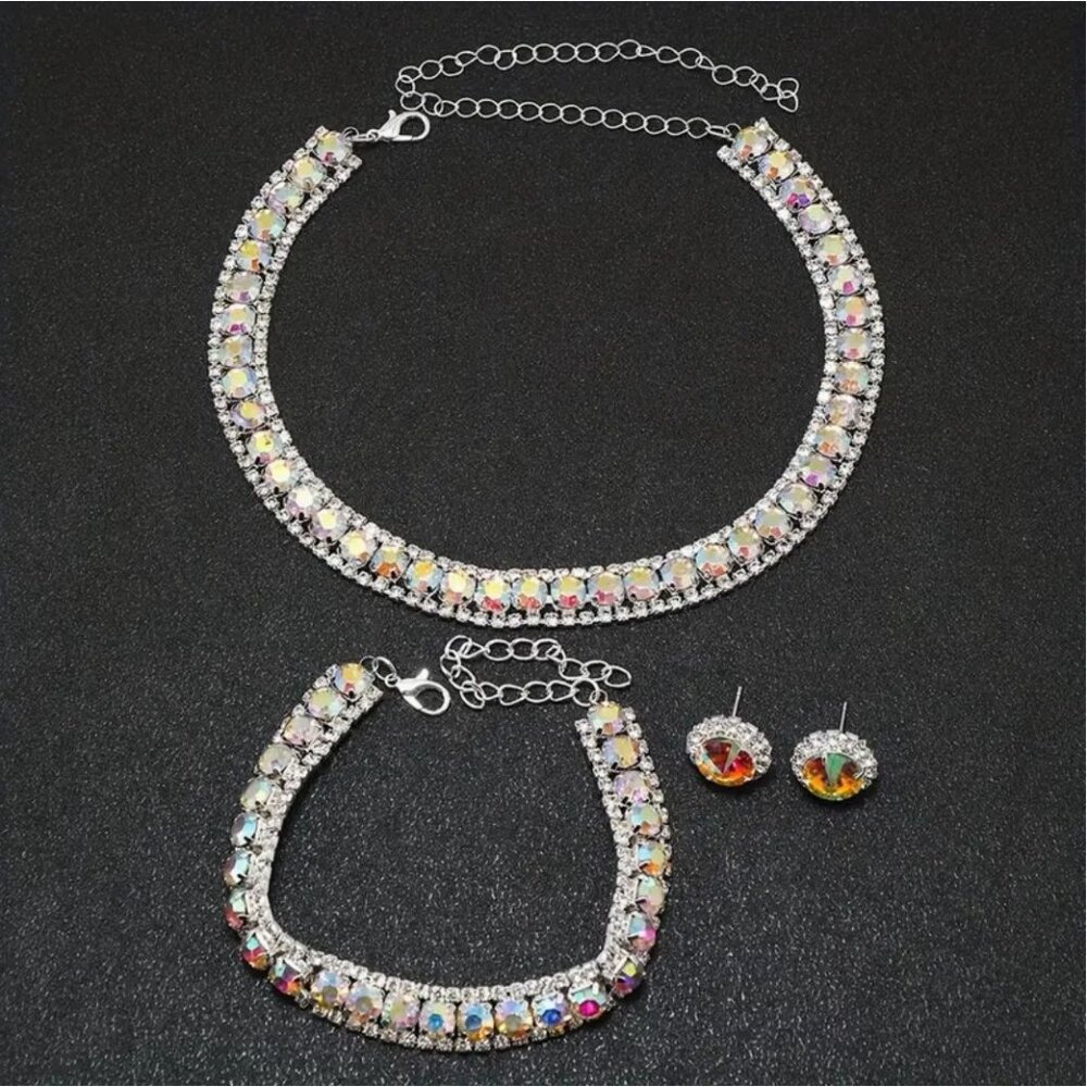 Iridescent Crystal Rhinestone Necklace Bracelet & Earrings Set Silver Tone - Picture 4 of 4